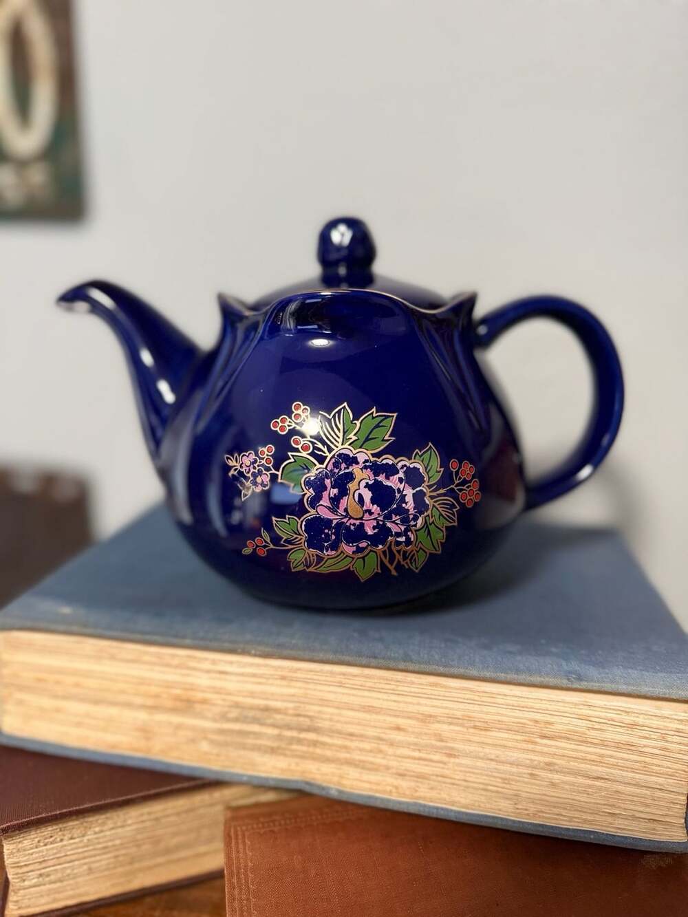Vintage Cobalt Blue Ceramic Teapot With Floral Design and Gold Accents
